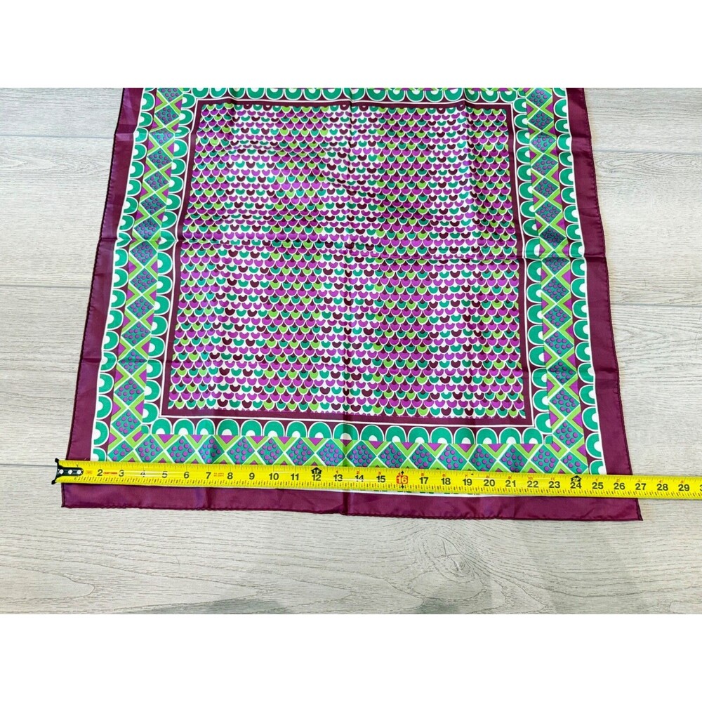 Vintage Sillook Japanese Geometric Scarf Scallop | Green and Purple | 27" Square - Picture 15 of 15